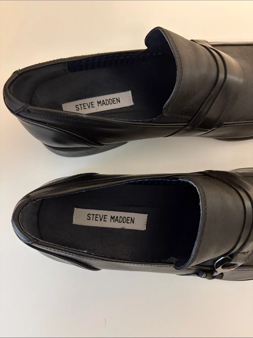 Steve Madden Black Leather Slip-On Loafers with Silver Buckle